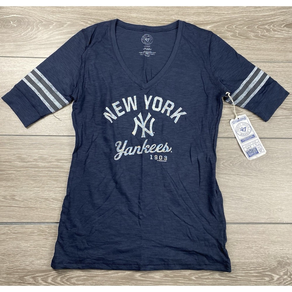 47 Brand Women's MLB New York Yankees V Neck Logo Scrum Tee Blue Size Large New - Picture 2 of 8